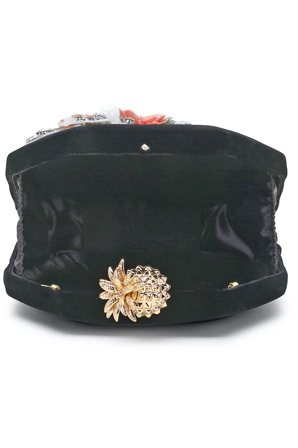 Adorn Black & Multi Velvet Floral Embellished Clutch