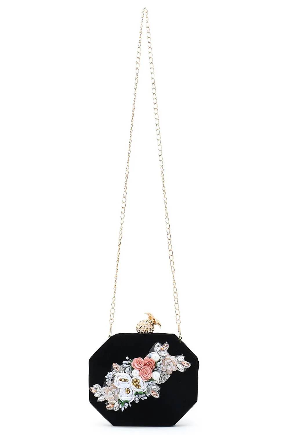 Adorn Black & Multi Velvet Floral Embellished Clutch