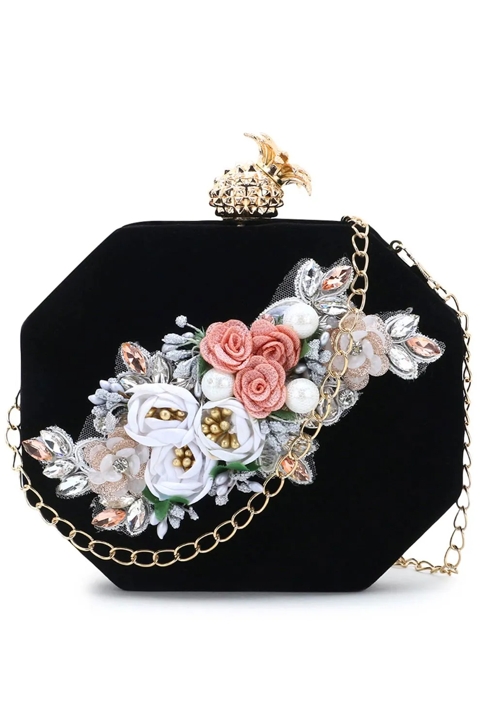 Adorn Black & Multi Velvet Floral Embellished Clutch