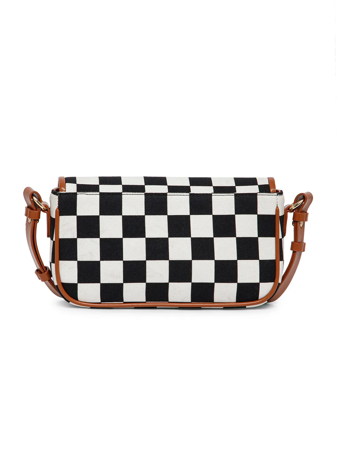 Berrylush Women Black & White Check Printed Fabric Detachable Strap Contrast Trim Push-Lock & Zipper-Up Shoulder Bag