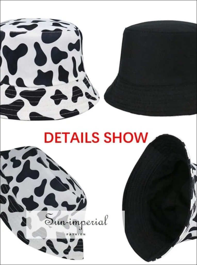 Black function Print Reversible Black White Cow Pattern Women Bucket Hat