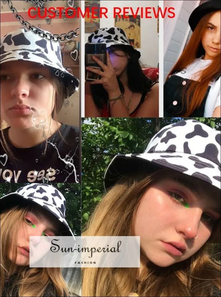 Black function Print Reversible Black White Cow Pattern Women Bucket Hat