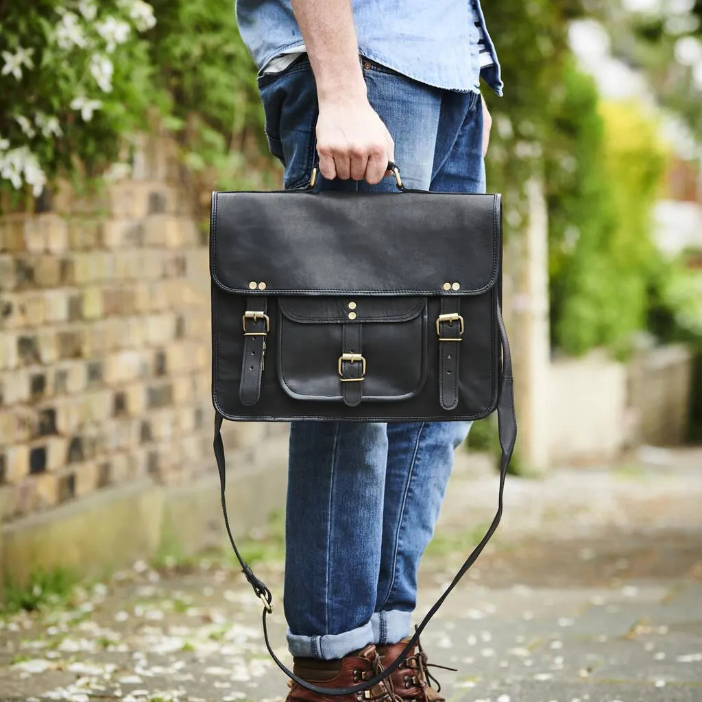 Black Leather Satchel Laptop Bag