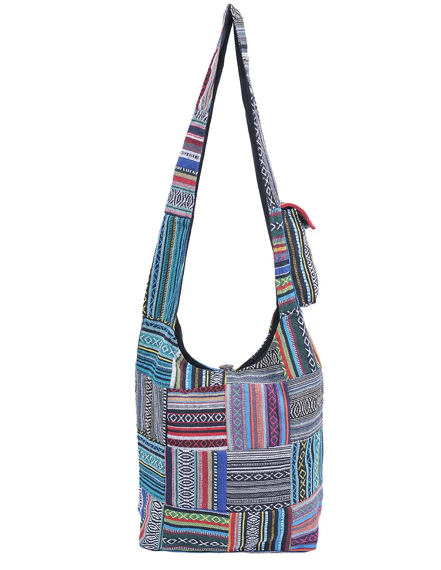 Blue Tribal Patched Cotton Hobo Bag