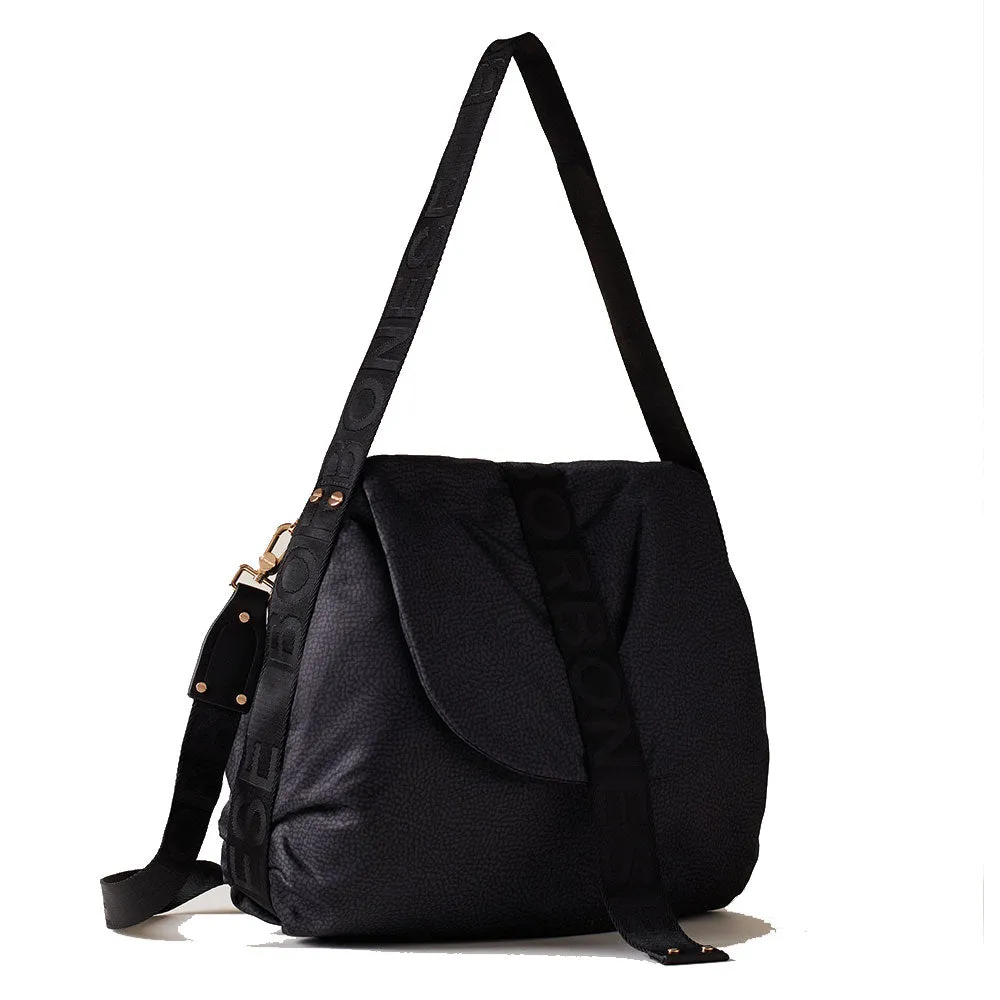 Borsa Donna Hobo con Pattina BORBONESE linea Cloudette Medium in Tessuto Jet Op colore Dark Black