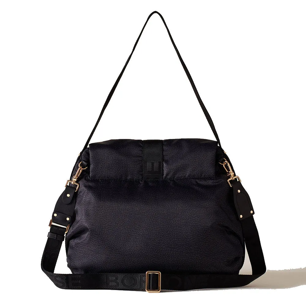 Borsa Donna Hobo con Pattina BORBONESE linea Cloudette Medium in Tessuto Jet Op colore Dark Black