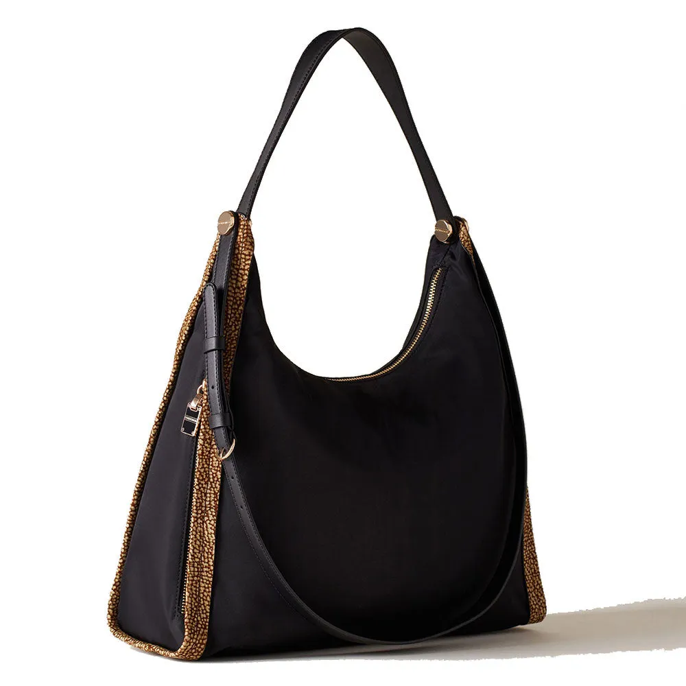 Borsa Donna Hobo Media BORBONESE linea New Orbit in Nylon Nero e Inserti in Camoscio OP Naturale