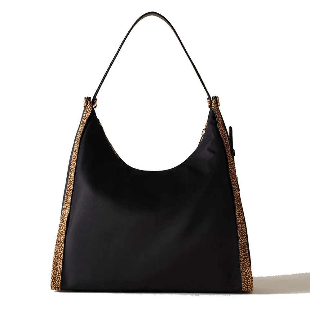 Borsa Donna Hobo Media BORBONESE linea New Orbit in Nylon Nero e Inserti in Camoscio OP Naturale