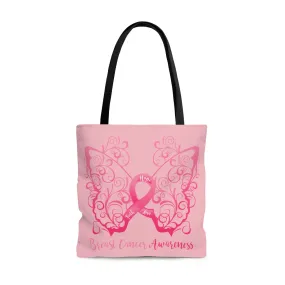 Breast Cancer Awareness Filigree Butterfly Large "Pink" Tote Bag (Dual-Sided Design)