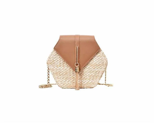 Hexagon Multi Style Straw Leather Handbag Women Summer Rattan Bag Handmade Woven