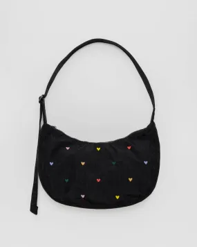 Medium Nylon Crescent Bag Embroidered Hearts