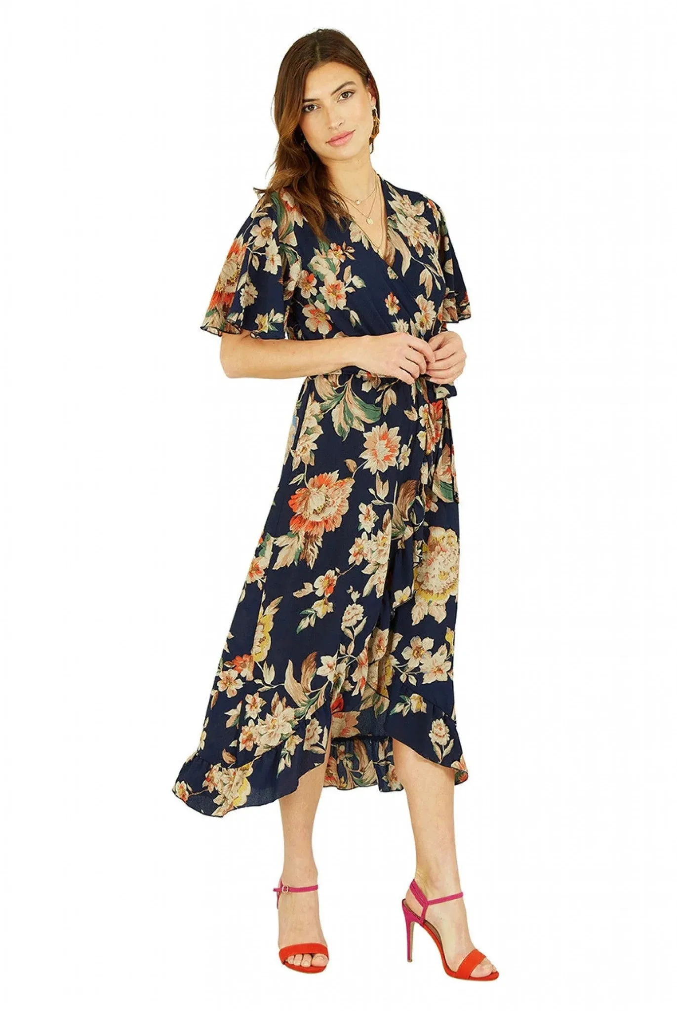 Mela London Navy Winter Floral Wrap Midi Dress