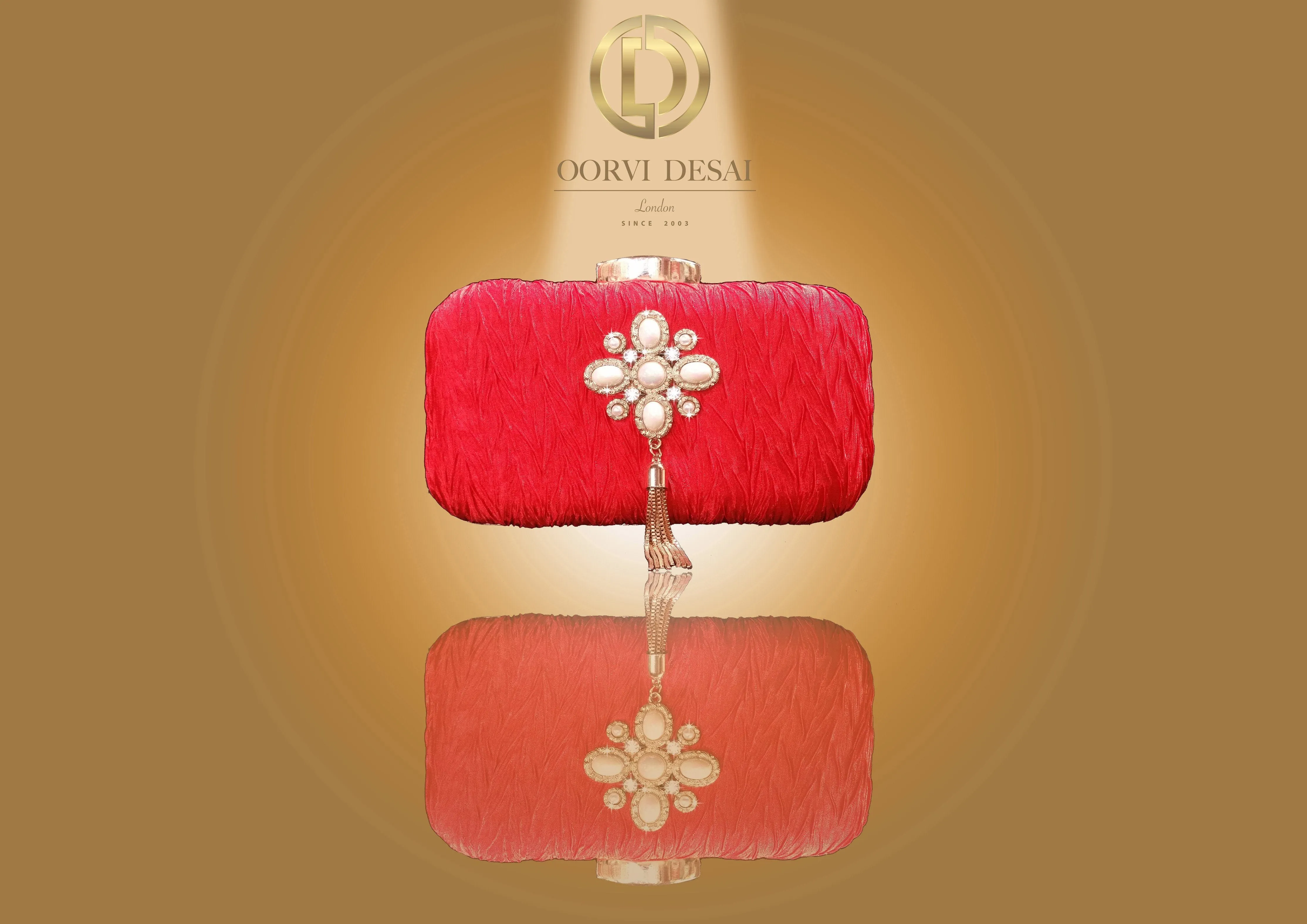 'Pearl Brooch and Golden Tassels Clutch' by Oorvi Desai (OD - B 41 Blue/ Black/ Blush/Red)