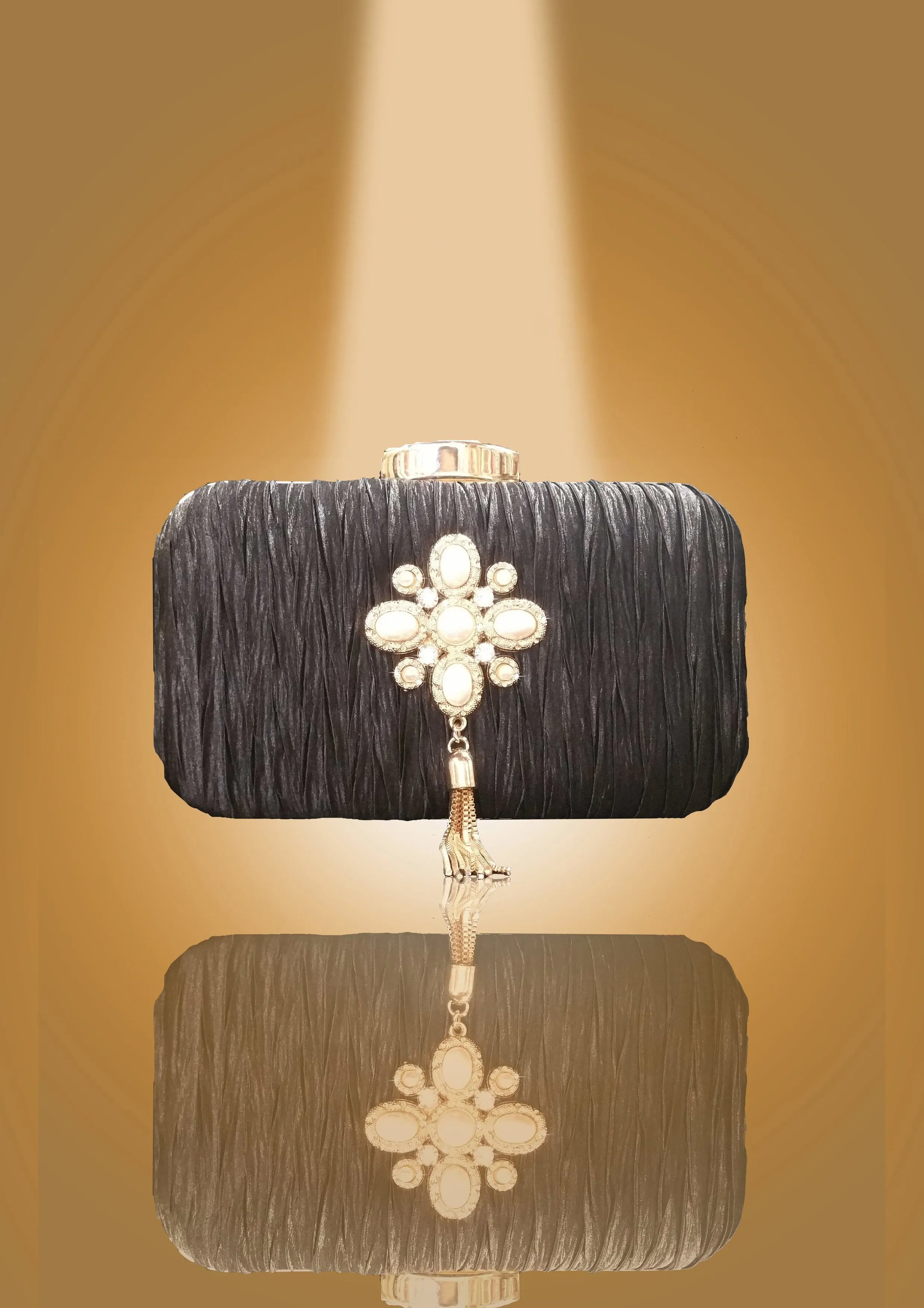 'Pearl Brooch and Golden Tassels Clutch' by Oorvi Desai (OD - B 41 Blue/ Black/ Blush/Red)