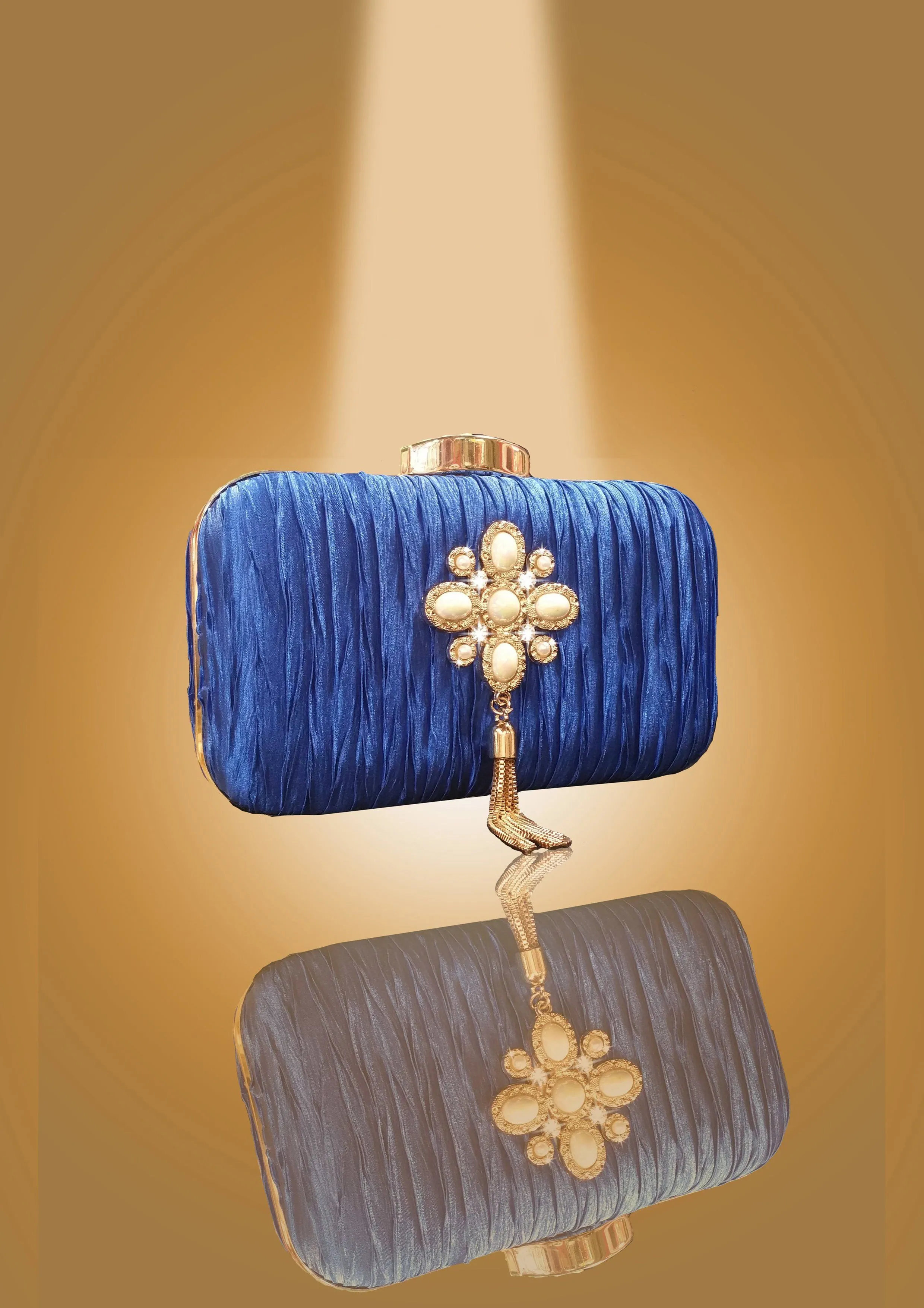 'Pearl Brooch and Golden Tassels Clutch' by Oorvi Desai (OD - B 41 Blue/ Black/ Blush/Red)