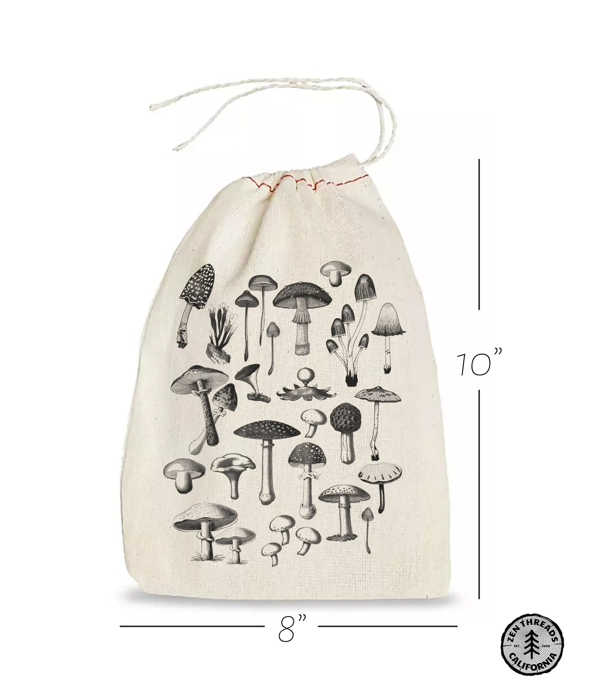 SET of FUNGI Gift Bags 8x12" - Mushrooms Collection Printed Drawstring Reusable Cotton muslin Bag birthday holiday gift sack