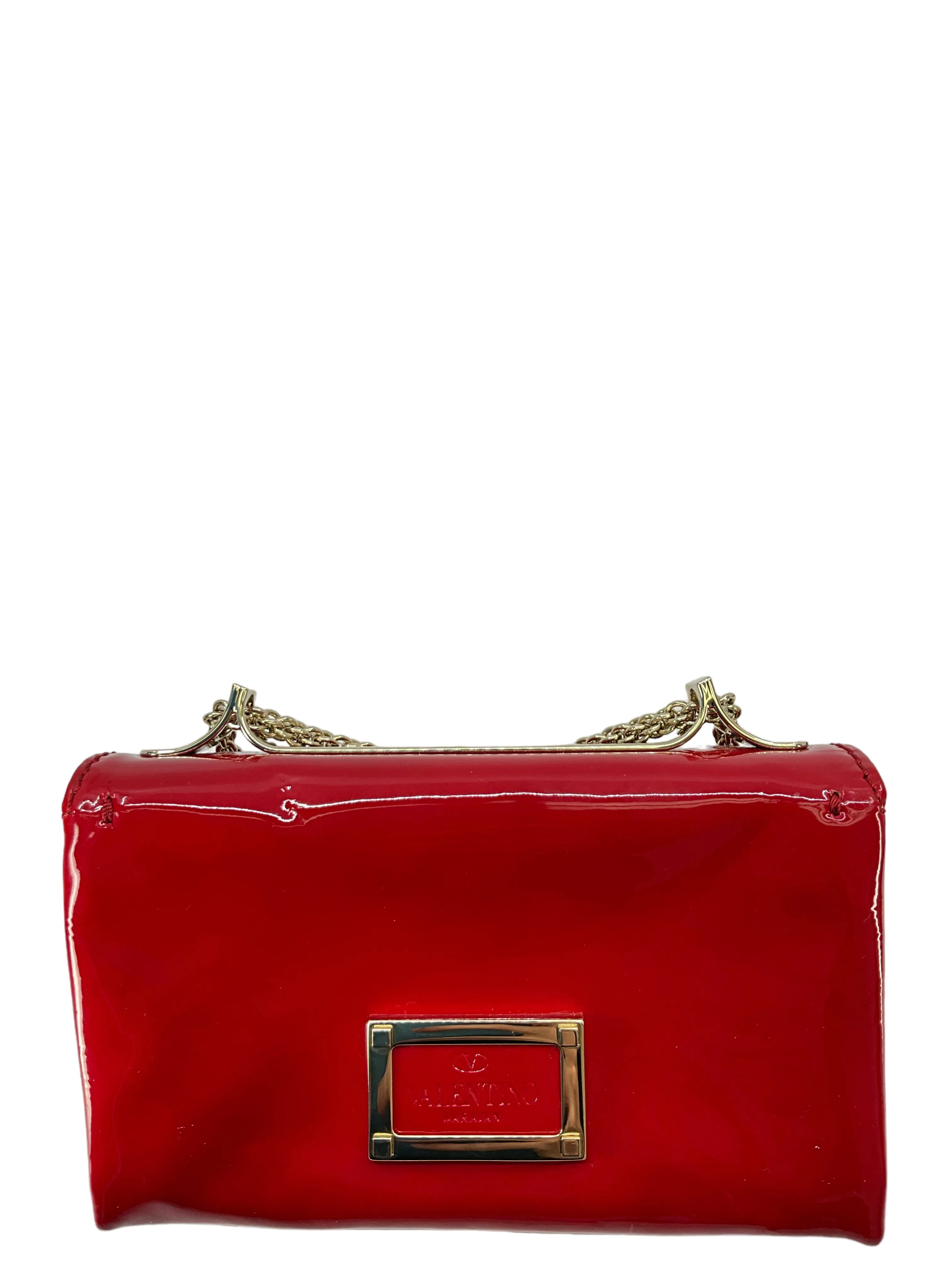 Valentino Red Patent Leather Rockstud Va Va Vroom Chain Clutch